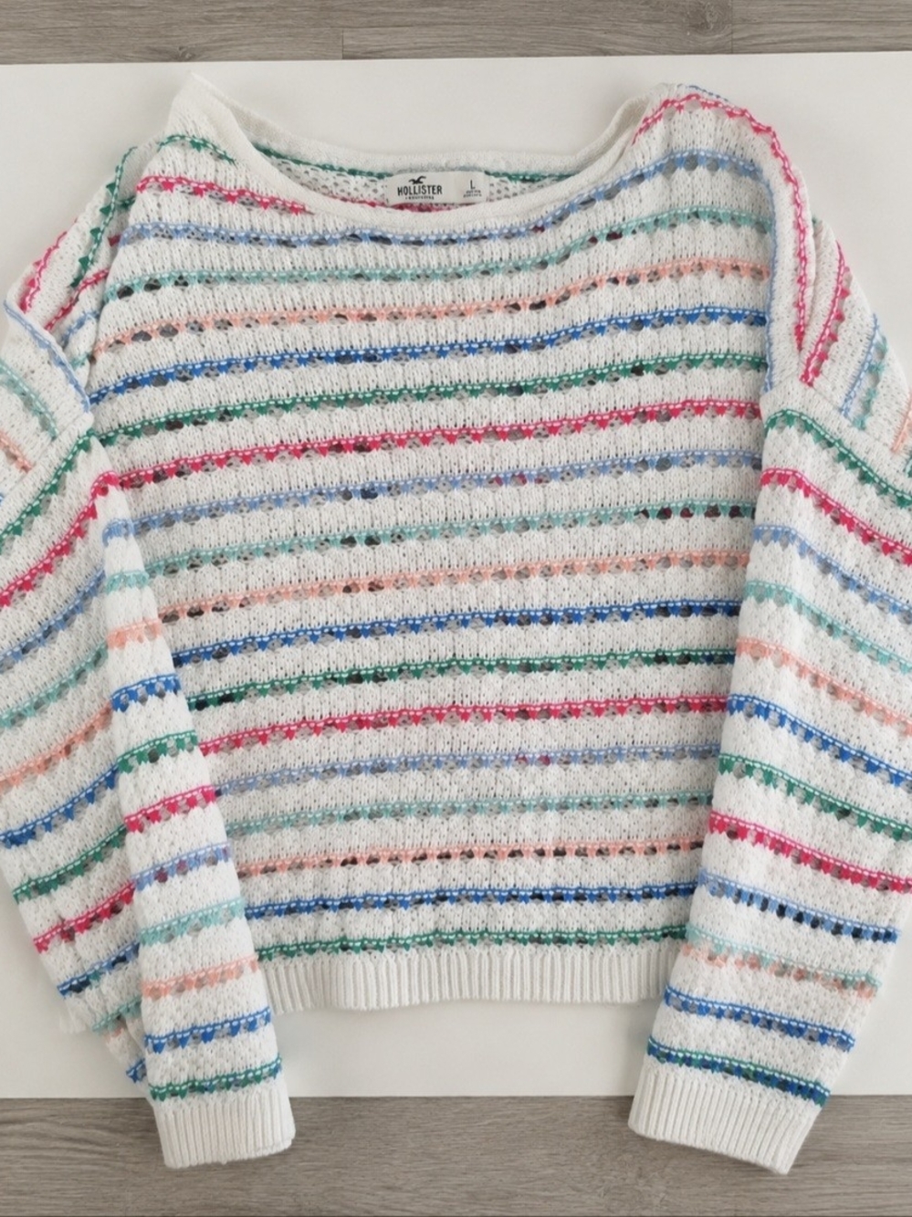 Hollister White Crochet Knit Sweater Pastel Rainbow Striped Crewneck Size L